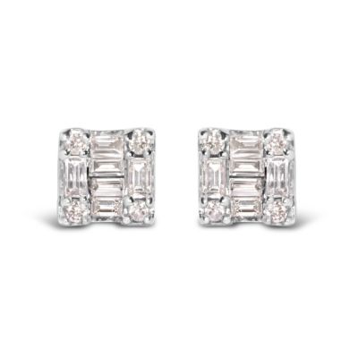 Haus of Brilliance 10K White Gold 1/7 Ct Round and Baguette Diamond Mosaic Square Stud Earrings