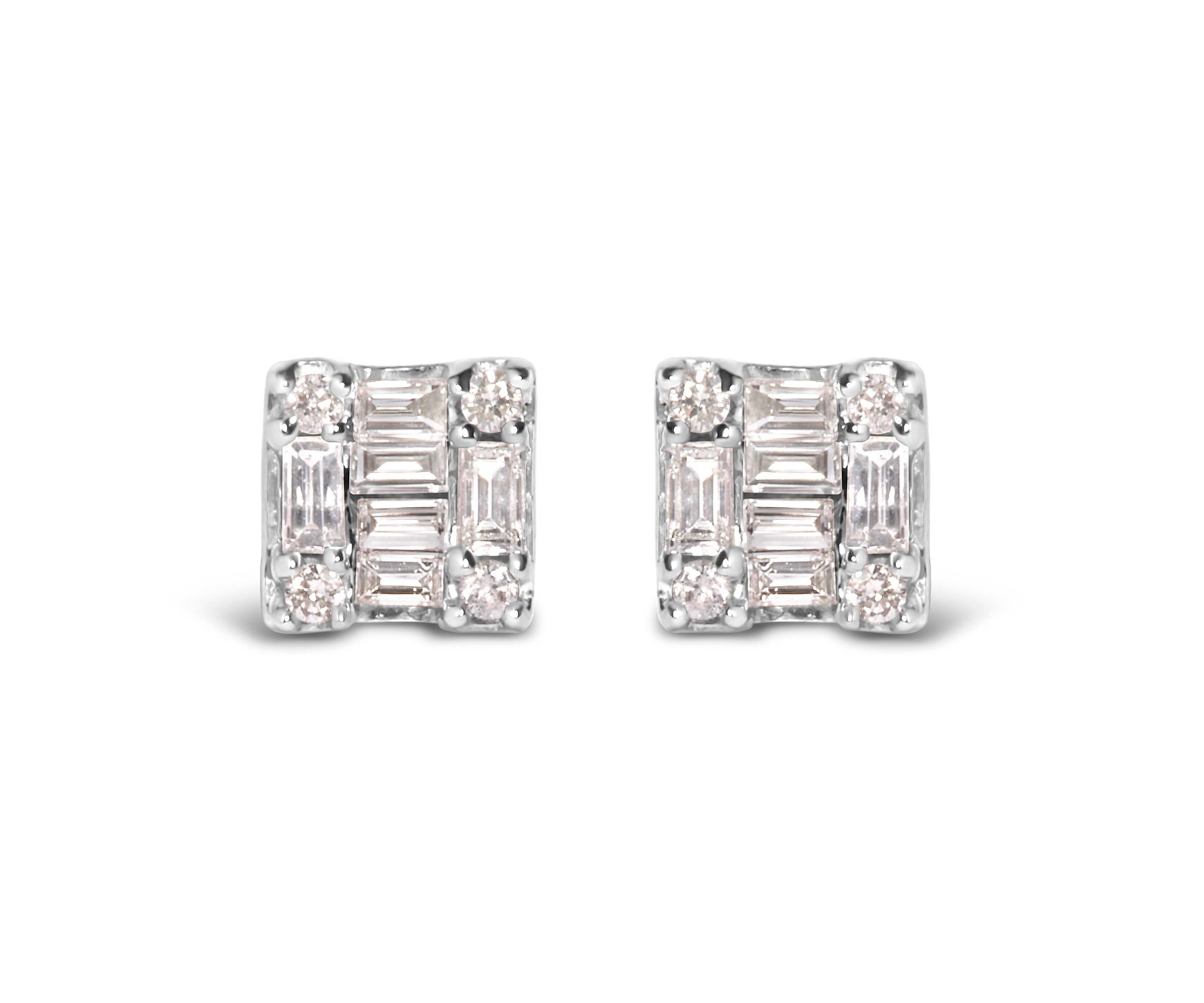 10K White Gold 1/7 Ct Round and Baguette Diamond Mosaic Square Stud Earrings