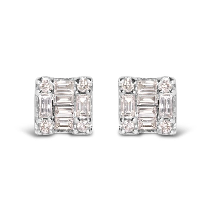 10K White Gold 1/7 Ct Round and Baguette Diamond Mosaic Square Stud Earrings