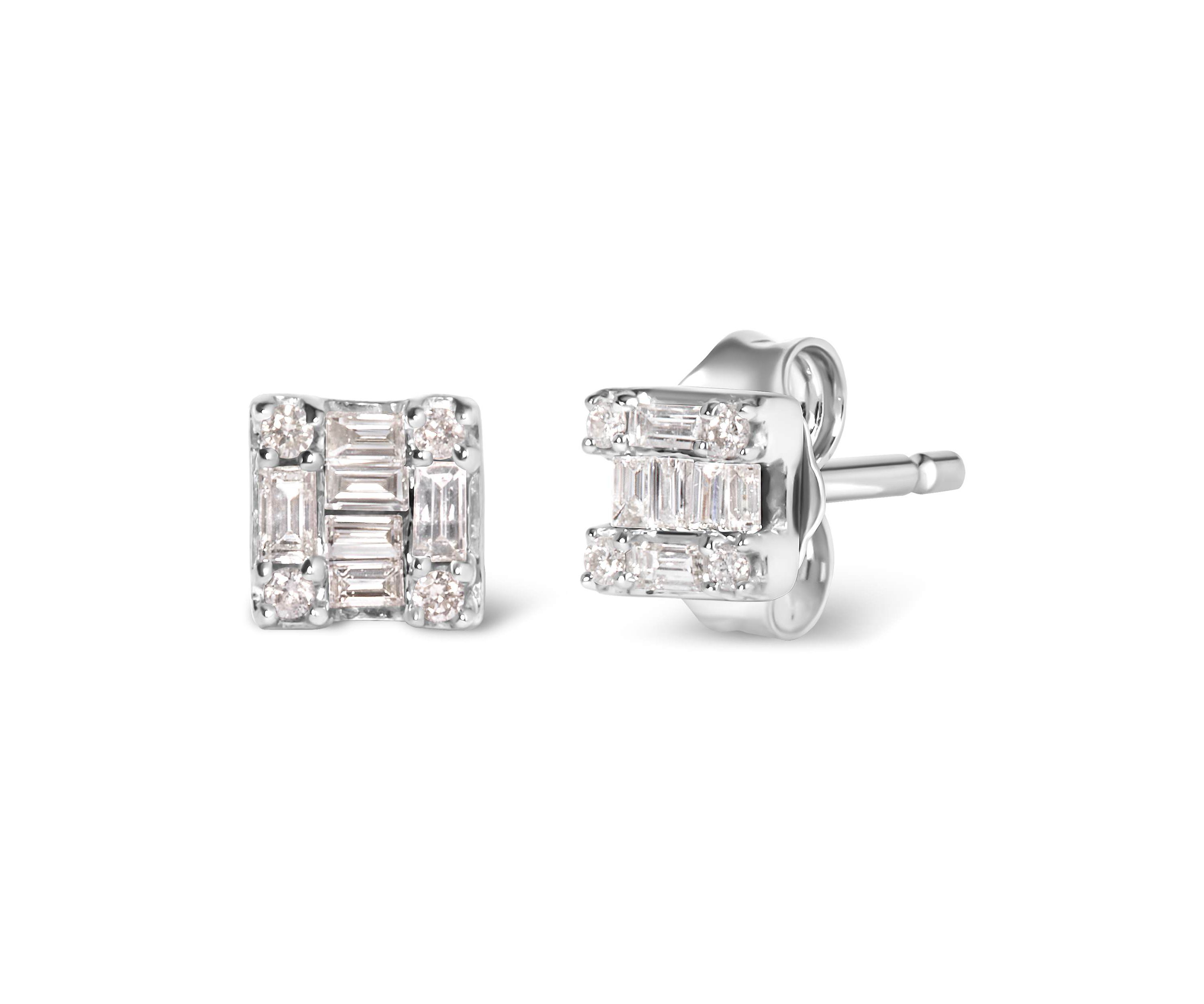 10K White Gold 1/7 Ct Round and Baguette Diamond Mosaic Square Stud Earrings