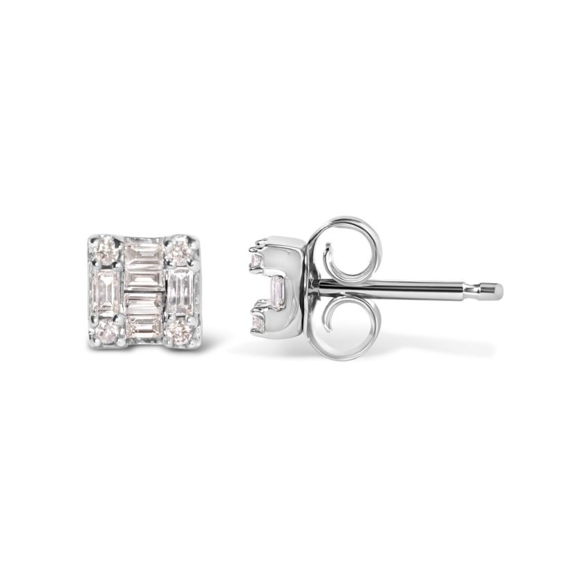 10K White Gold 1/7 Ct Round and Baguette Diamond Mosaic Square Stud Earrings