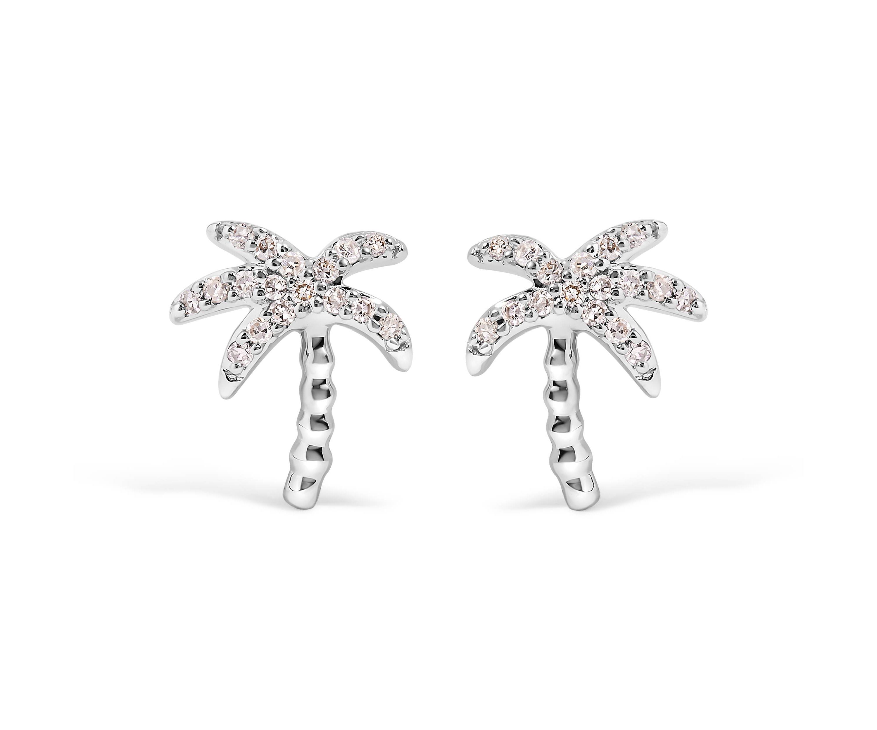 10K White Gold 1/10 Ct Diamond Encrusted Palm Tree Stud Earrings