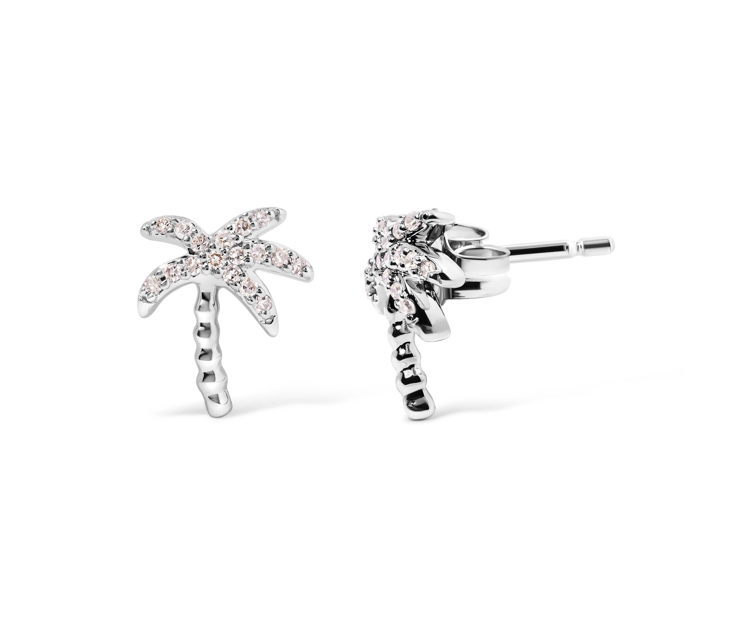 10K White Gold 1/10 Ct Diamond Encrusted Palm Tree Stud Earrings