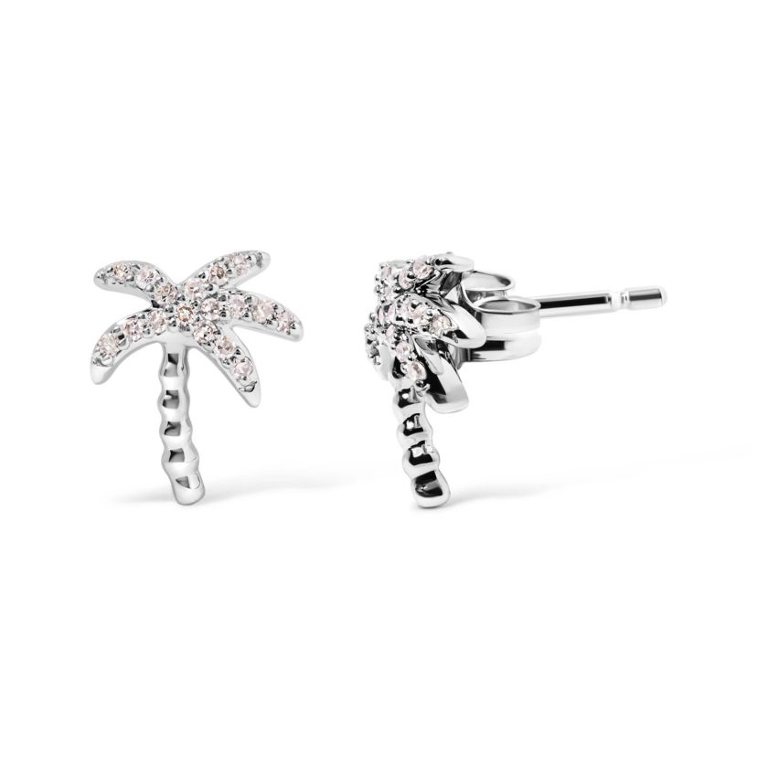10K White Gold 1/10 Ct Diamond Encrusted Palm Tree Stud Earrings