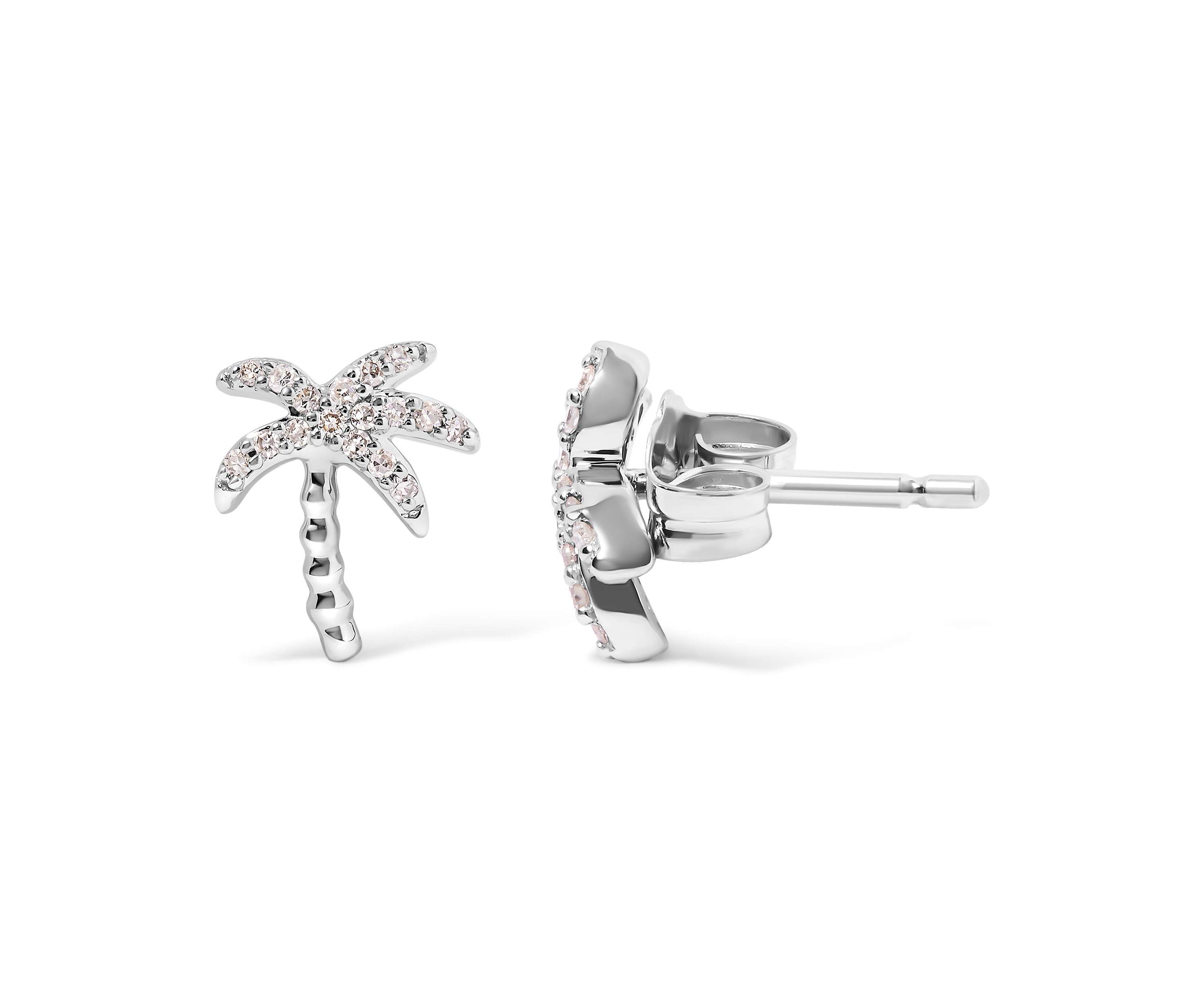 10K White Gold 1/10 Ct Diamond Encrusted Palm Tree Stud Earrings