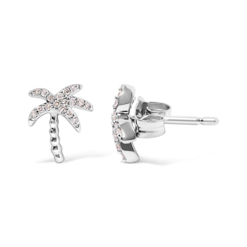 10K White Gold 1/10 Ct Diamond Encrusted Palm Tree Stud Earrings