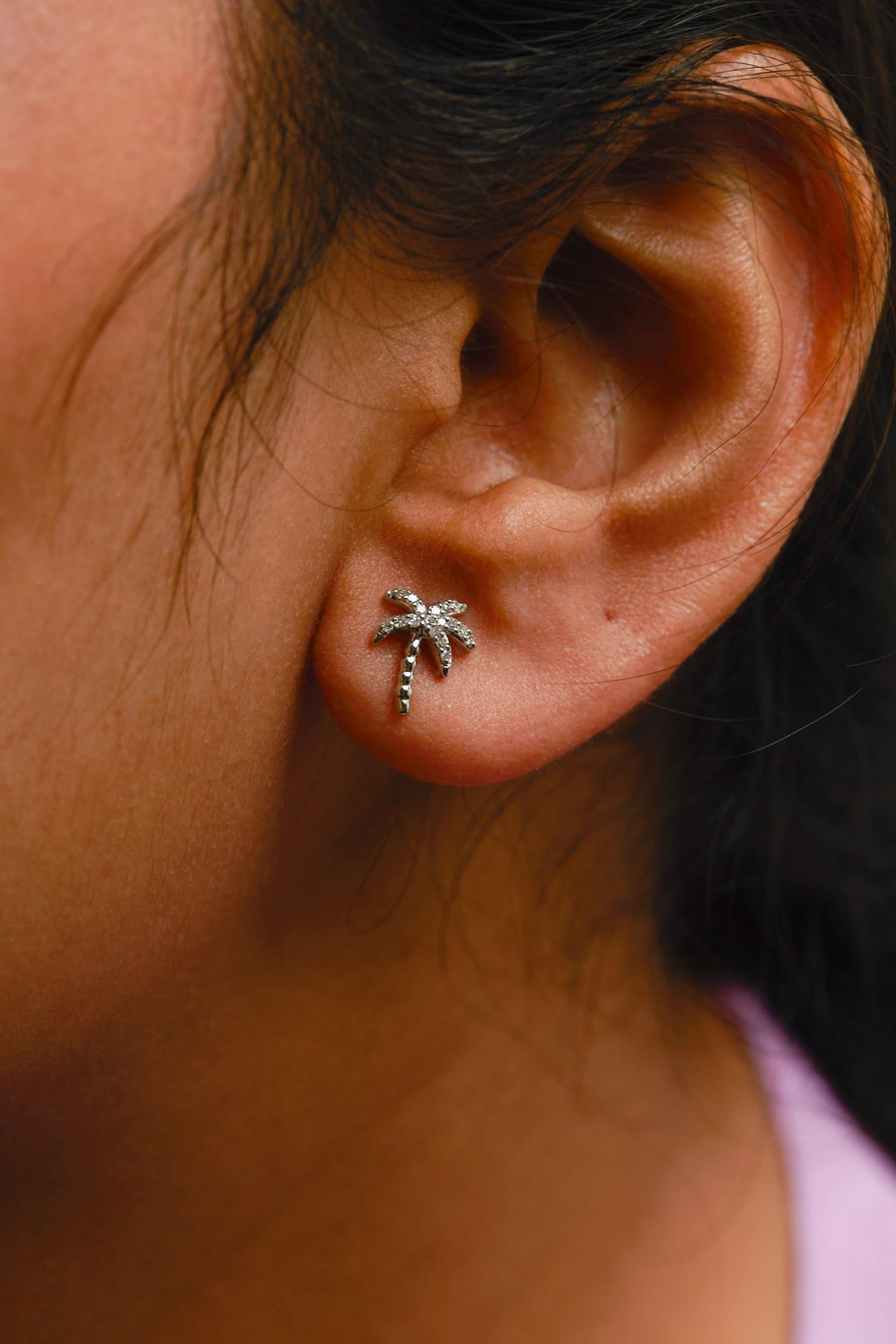 10K White Gold 1/10 Ct Diamond Encrusted Palm Tree Stud Earrings