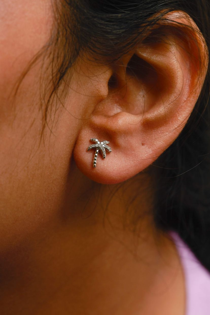 10K White Gold 1/10 Ct Diamond Encrusted Palm Tree Stud Earrings