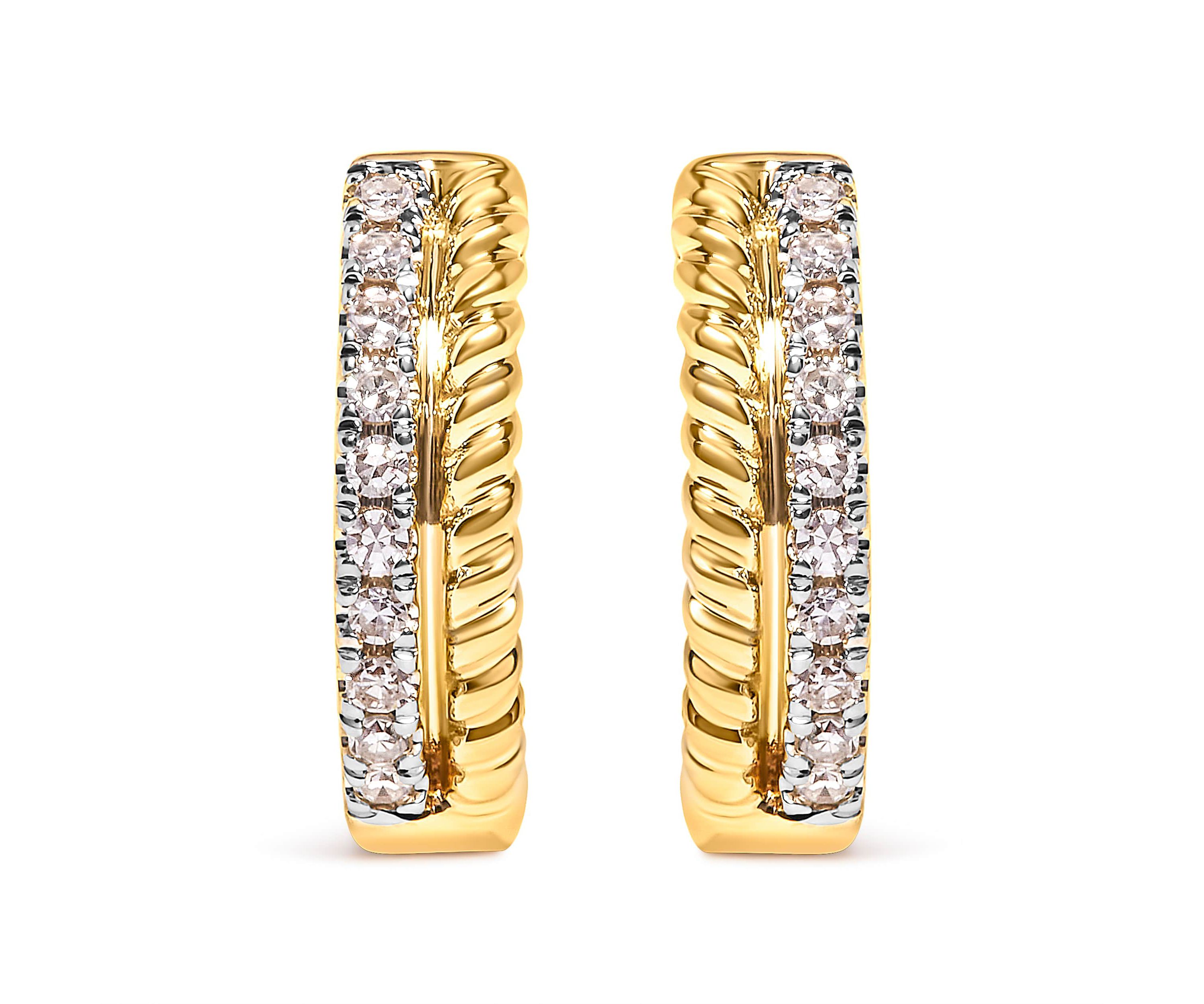 10K Yellow Gold 1/10 Ct Diamond and Rope Twist Huggy Hoop Earrings