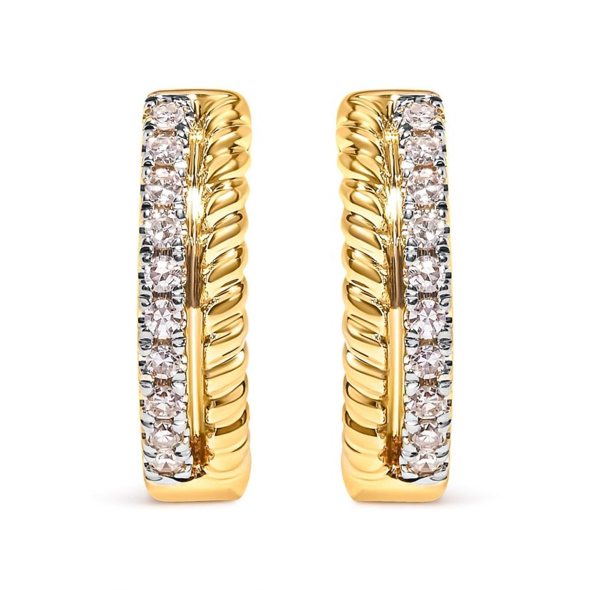 10K Yellow Gold 1/10 Ct Diamond and Rope Twist Huggy Hoop Earrings