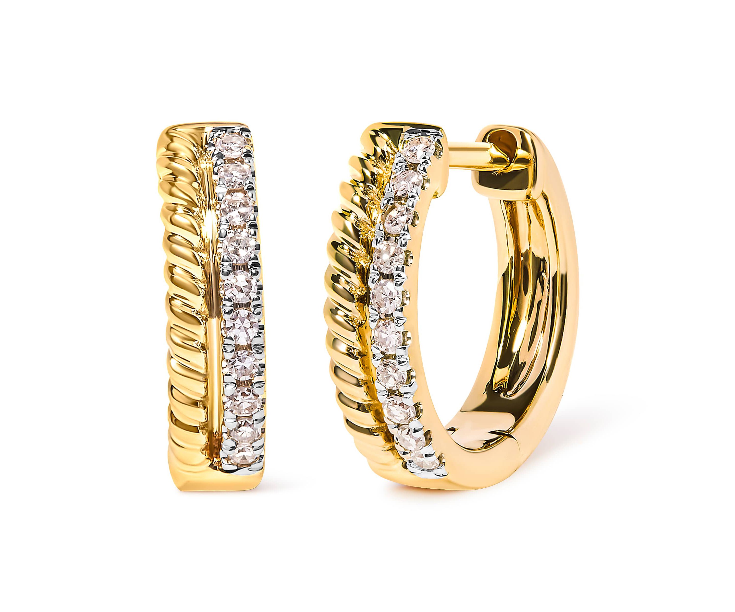 10K Yellow Gold 1/10 Ct Diamond and Rope Twist Huggy Hoop Earrings