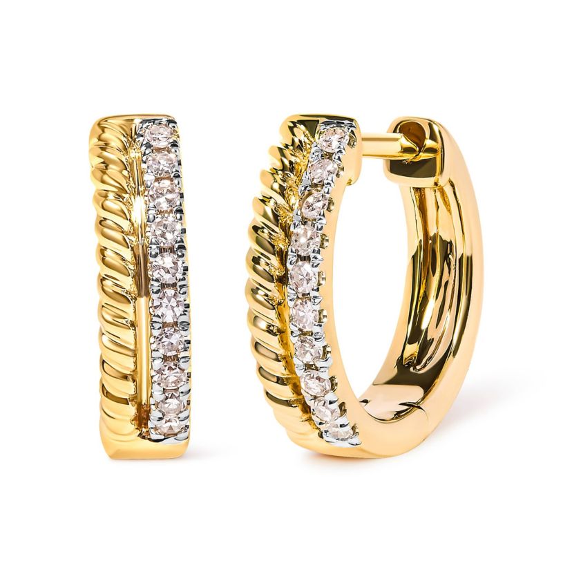 10K Yellow Gold 1/10 Ct Diamond and Rope Twist Huggy Hoop Earrings