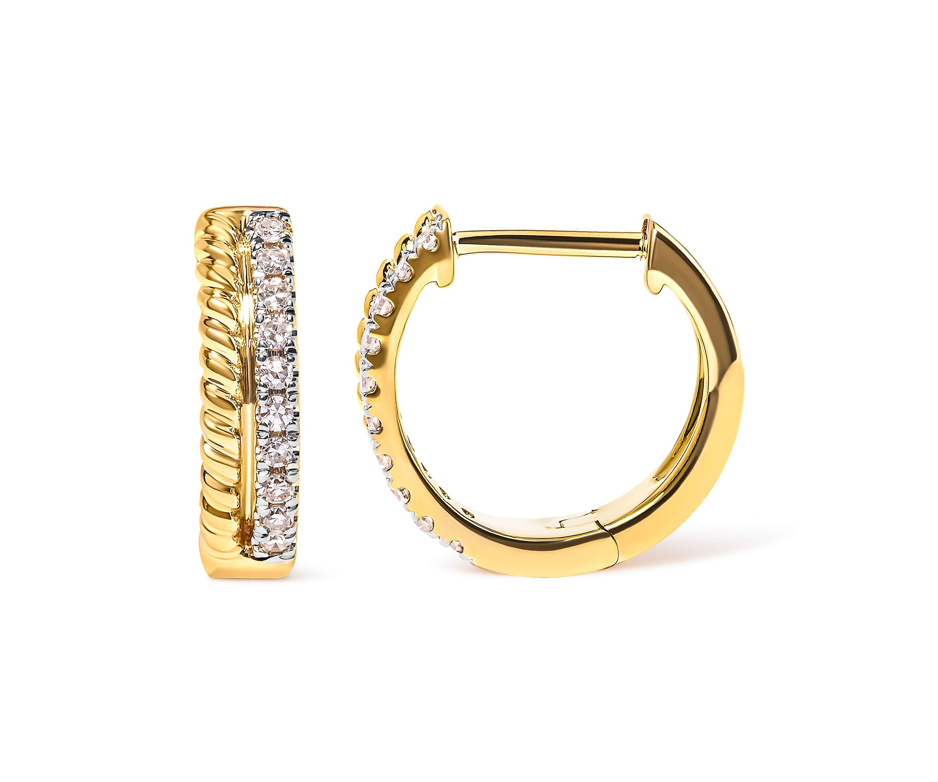 10K Yellow Gold 1/10 Ct Diamond and Rope Twist Huggy Hoop Earrings