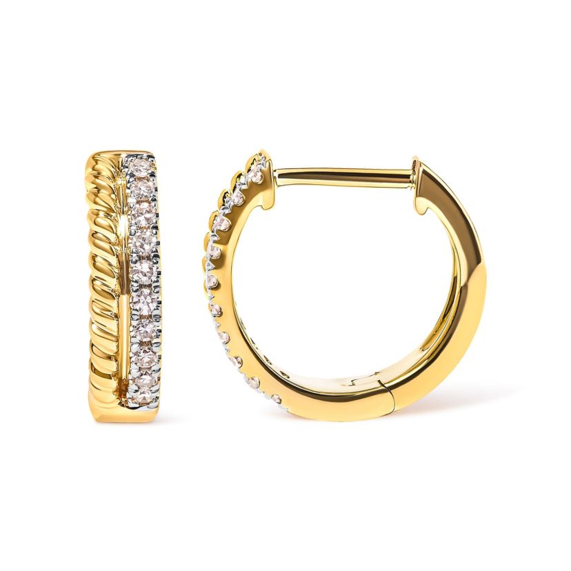 10K Yellow Gold 1/10 Ct Diamond and Rope Twist Huggy Hoop Earrings