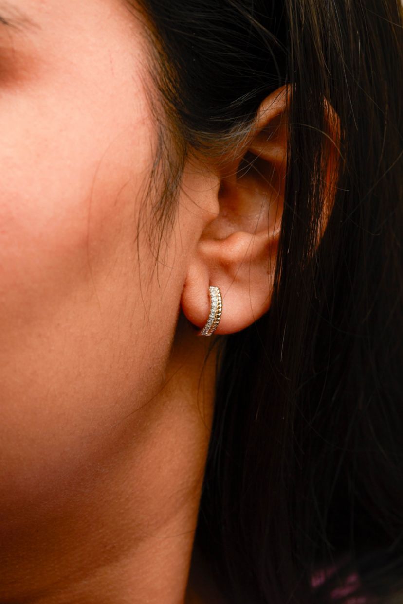 10K Yellow Gold 1/10 Ct Diamond and Rope Twist Huggy Hoop Earrings