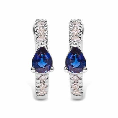 Haus of Brilliance 10K White Gold Pear Shaped Blue Sapphire and 1/10 Ct Diamond Huggy Hoop Earrings