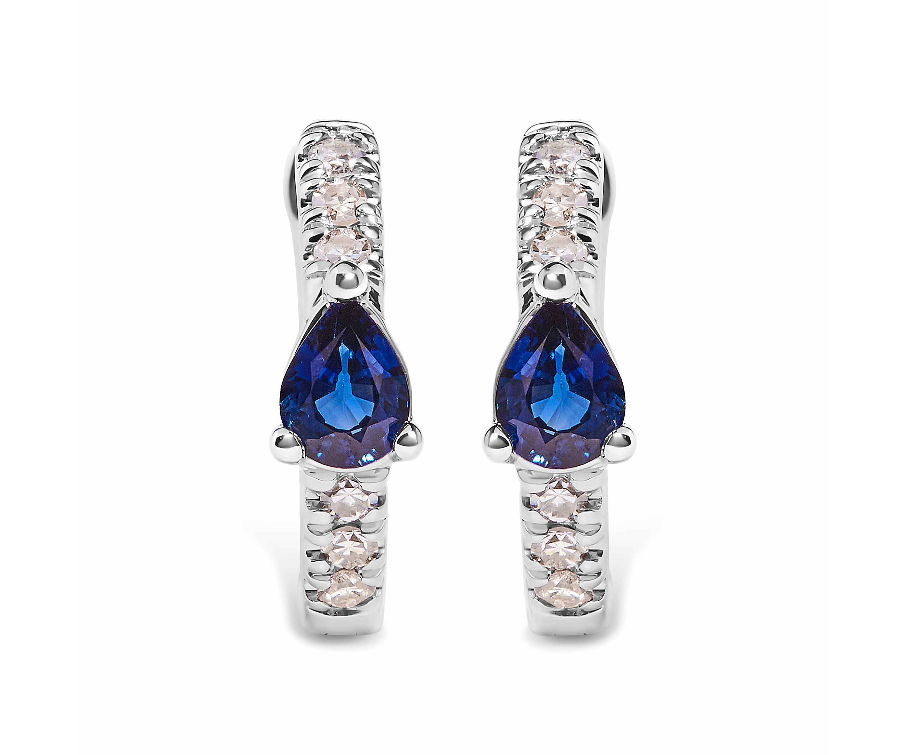 10K White Gold Pear Shaped Blue Sapphire and 1/10 Ct Diamond Huggy Hoop Earrings