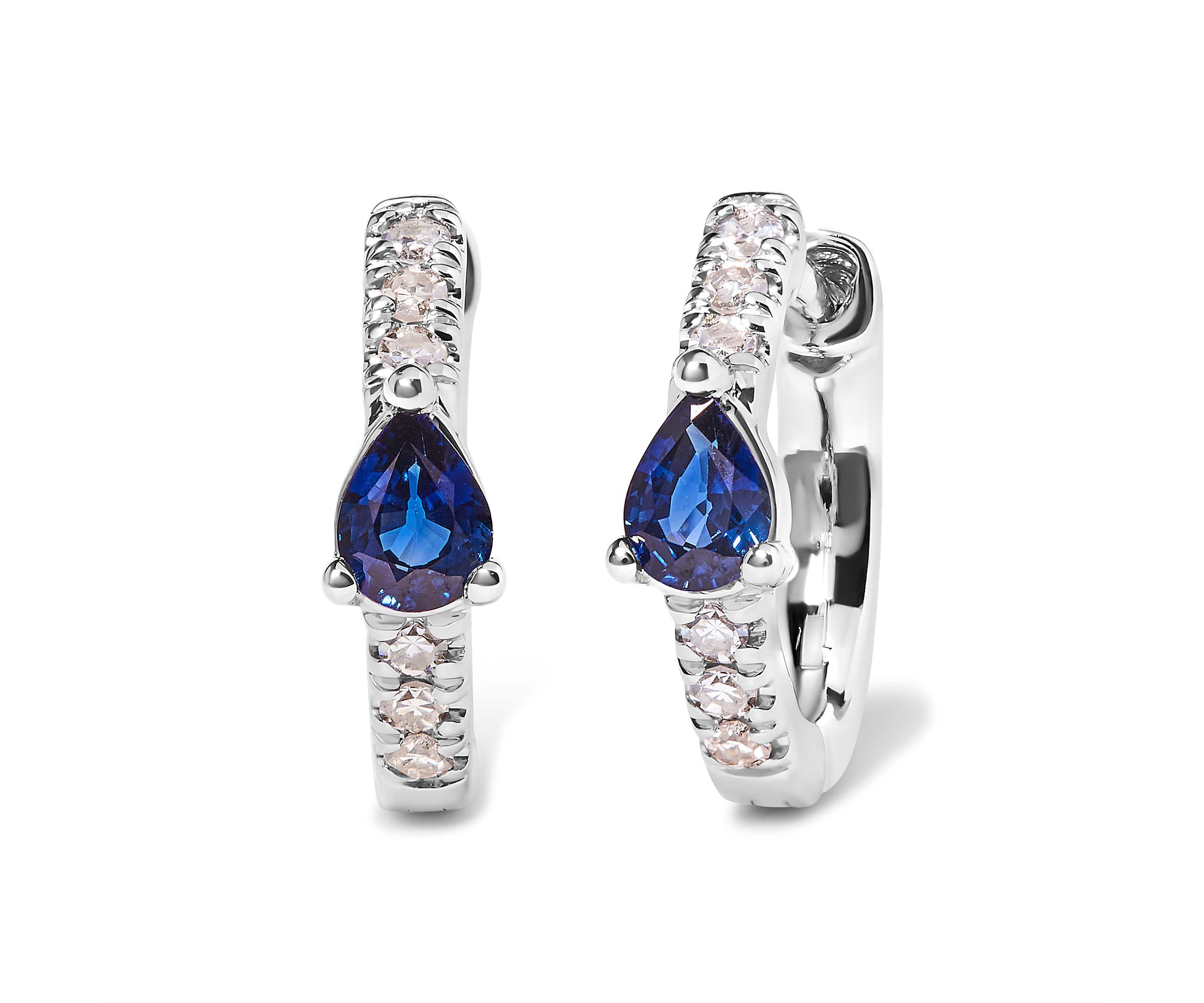 10K White Gold Pear Shaped Blue Sapphire and 1/10 Ct Diamond Huggy Hoop Earrings