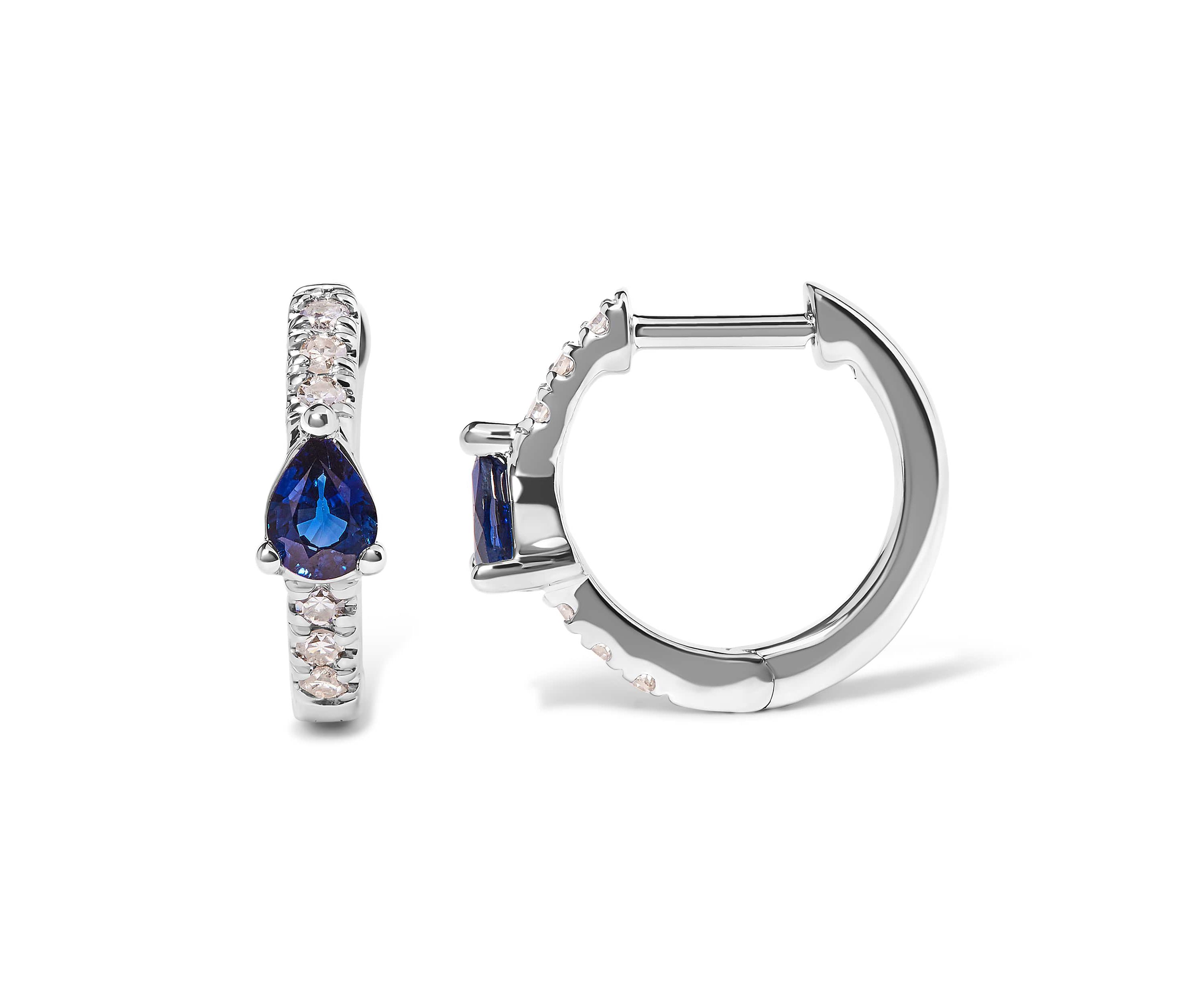 10K White Gold Pear Shaped Blue Sapphire and 1/10 Ct Diamond Huggy Hoop Earrings