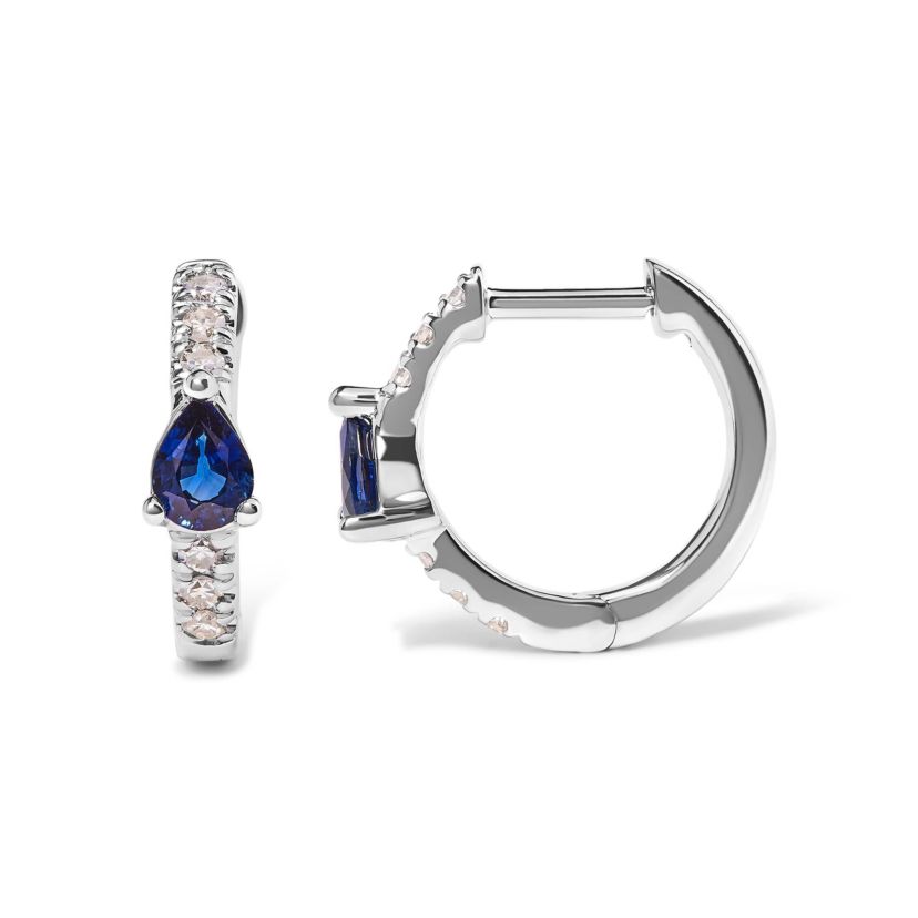 10K White Gold Pear Shaped Blue Sapphire and 1/10 Ct Diamond Huggy Hoop Earrings