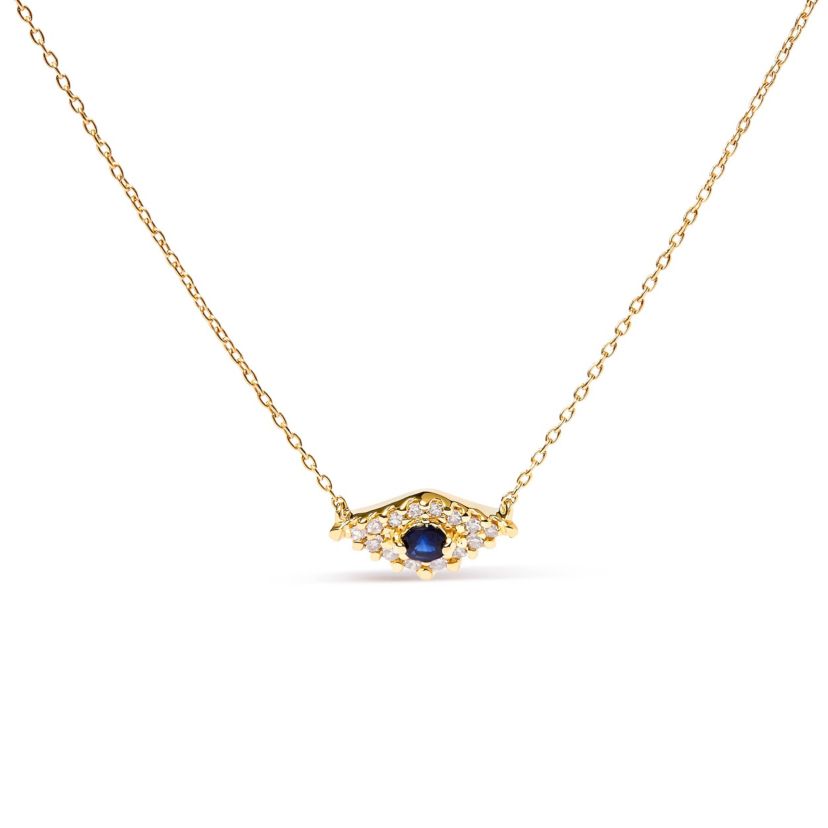 10K Gold Sapphire and Diamond Accented Evil Eye Pendant Necklace