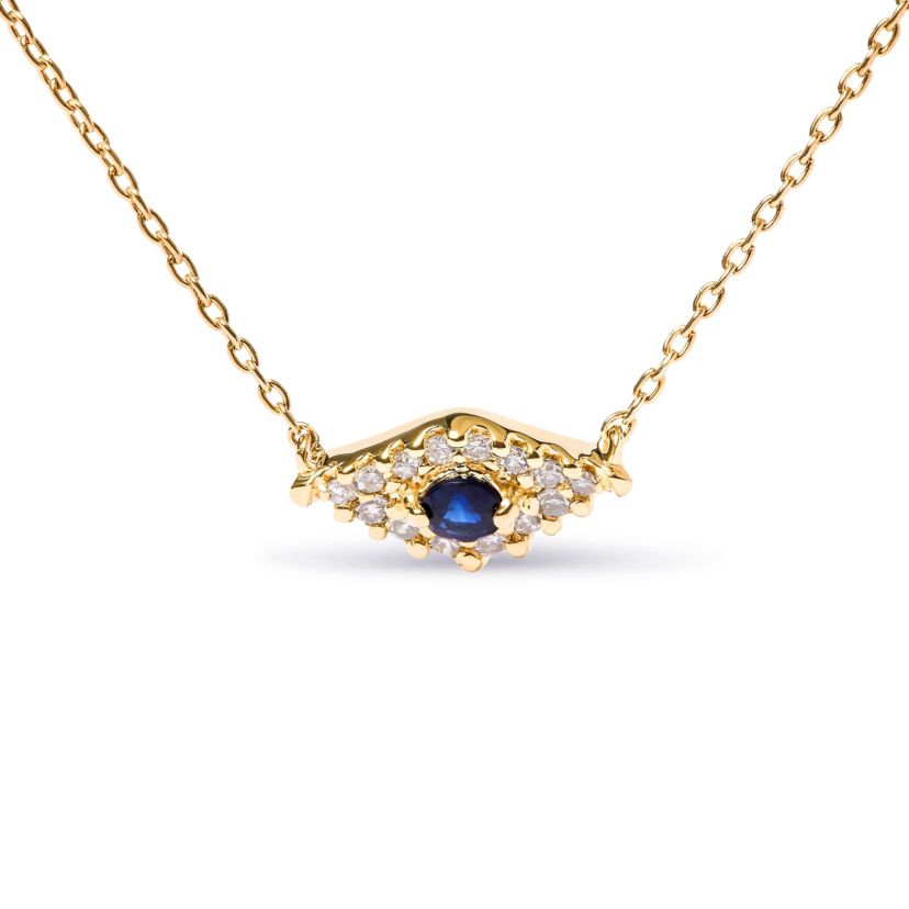 10K Gold Sapphire and Diamond Accented Evil Eye Pendant Necklace