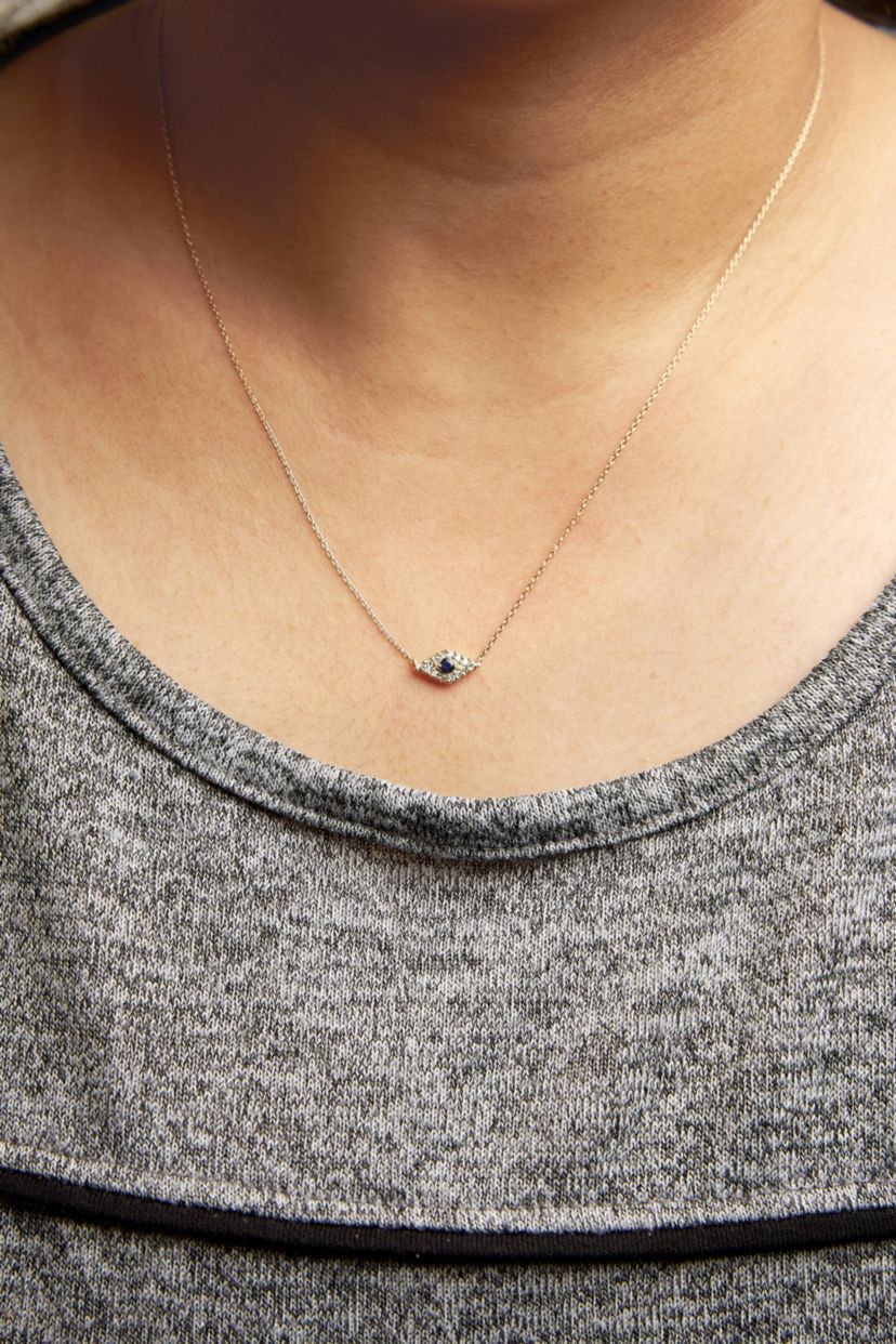 10K Gold Sapphire and Diamond Accented Evil Eye Pendant Necklace