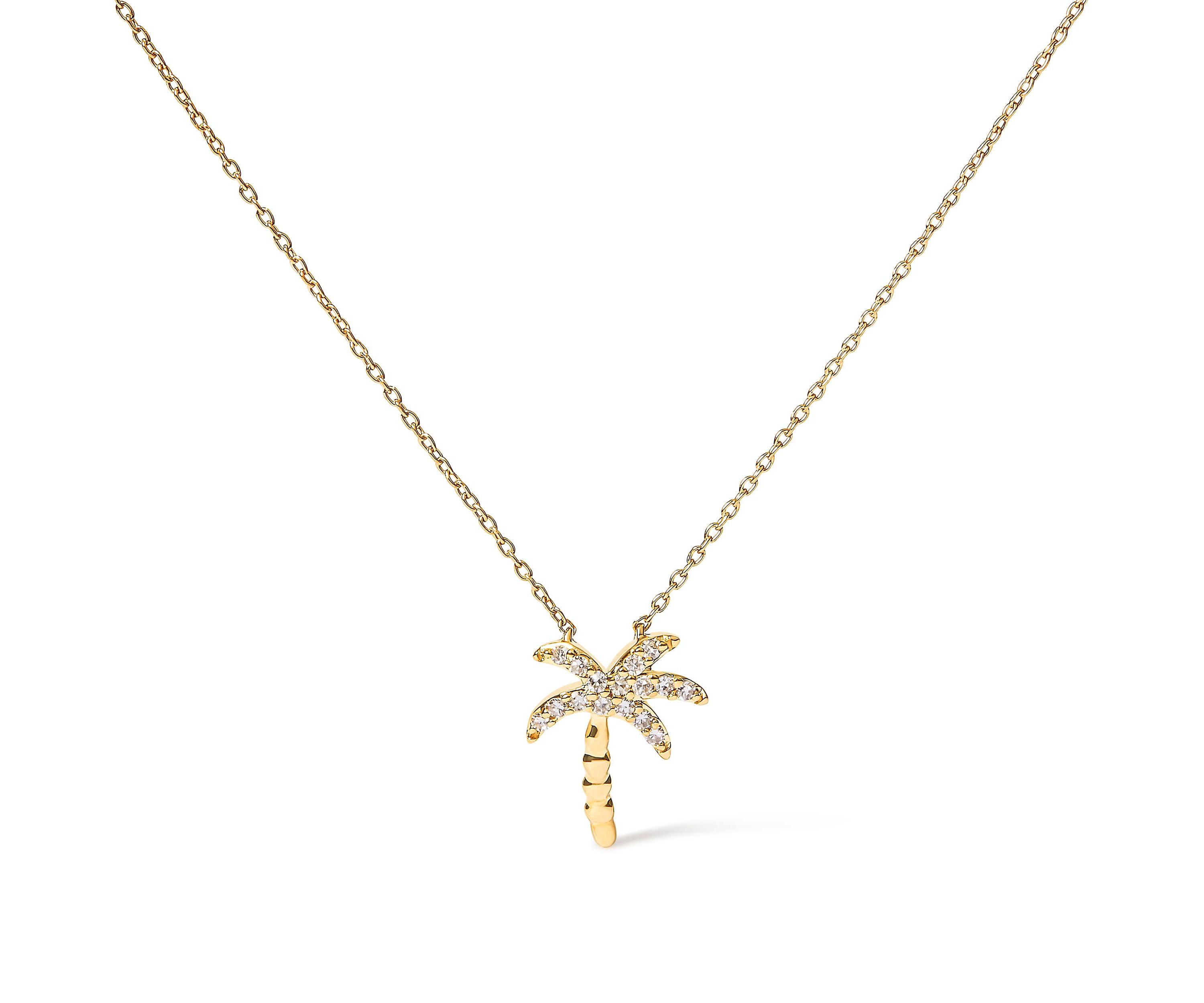 10K Yellow Gold 1/10 Cttw Round Diamond Palm Tree 18" Inch Pendant Necklace