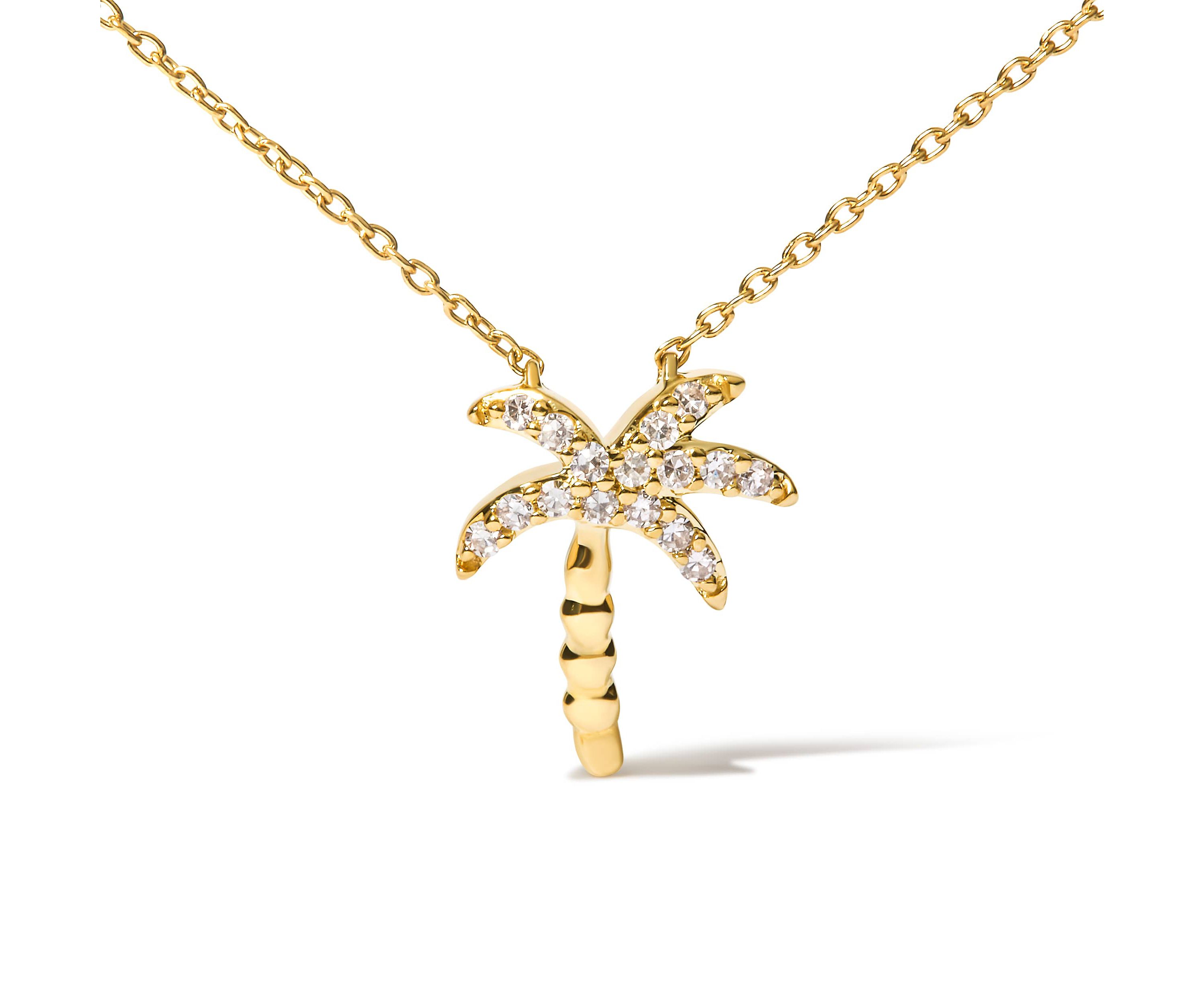 10K Yellow Gold 1/10 Cttw Round Diamond Palm Tree 18" Inch Pendant Necklace
