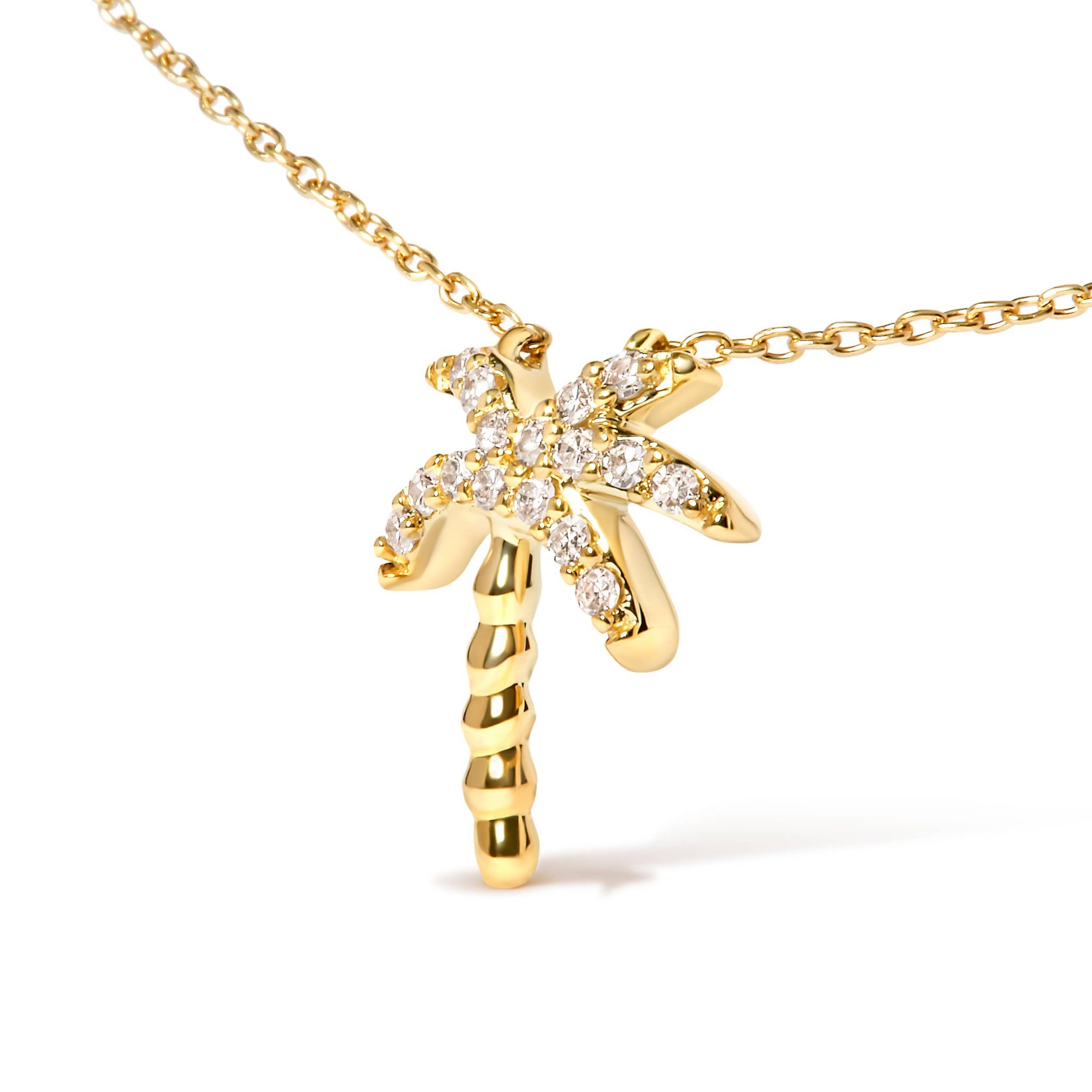 10K Yellow Gold 1/10 Cttw Round Diamond Palm Tree 18" Inch Pendant Necklace