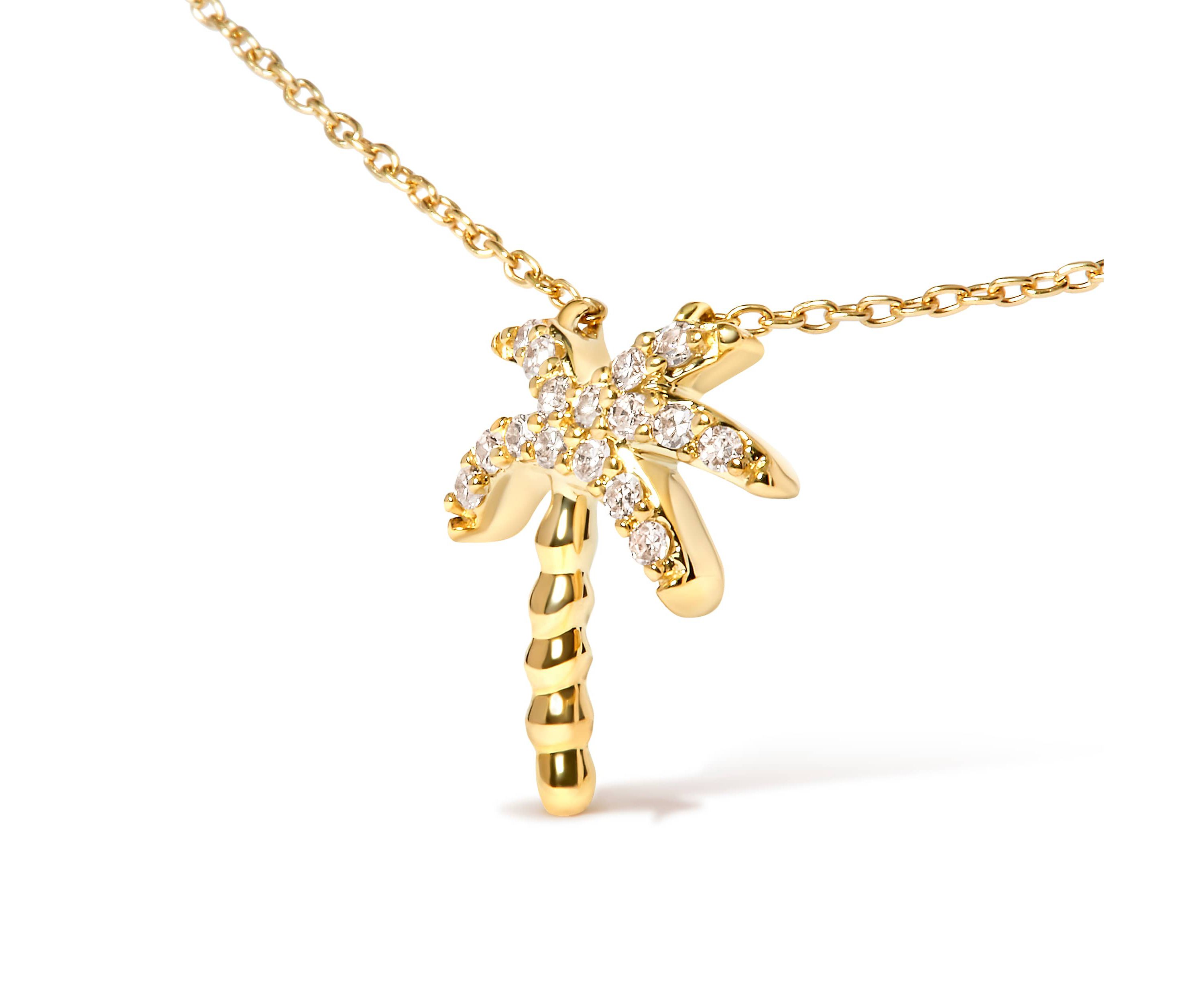 10K Yellow Gold 1/10 Cttw Round Diamond Palm Tree 18" Inch Pendant Necklace