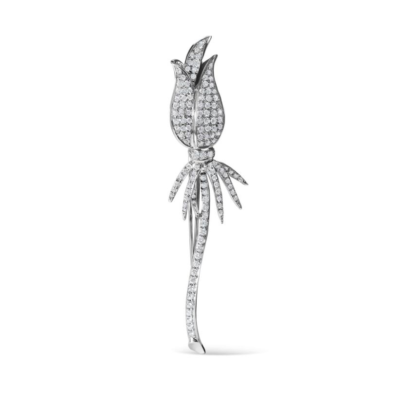 18K White Gold 1 3/5 Cttw Pave Set Diamond Tulip Brooch Pin