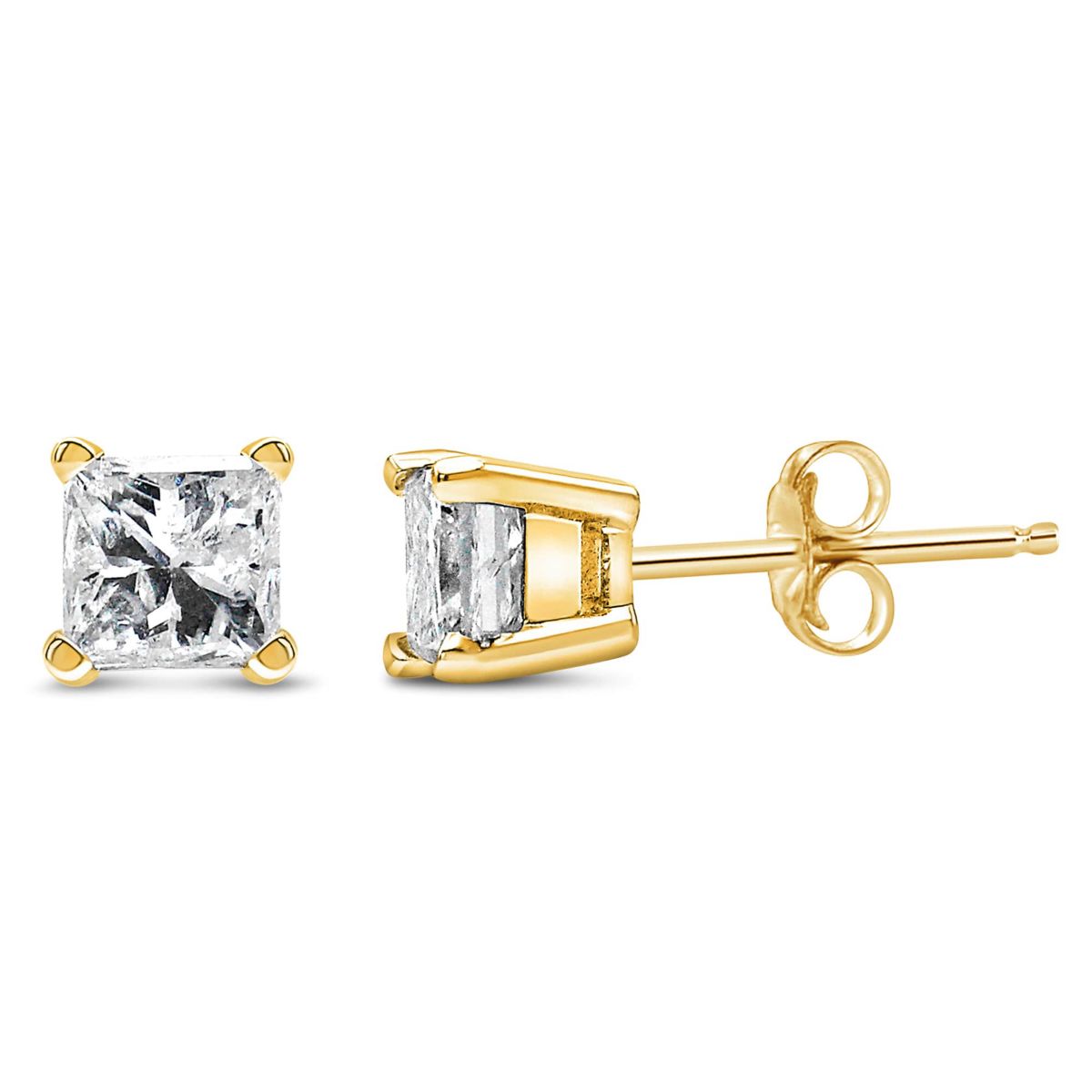 IGI Certified 14k Yellow Gold 1/3 Ct Princess Solitaire Diamond Stud Earrings
