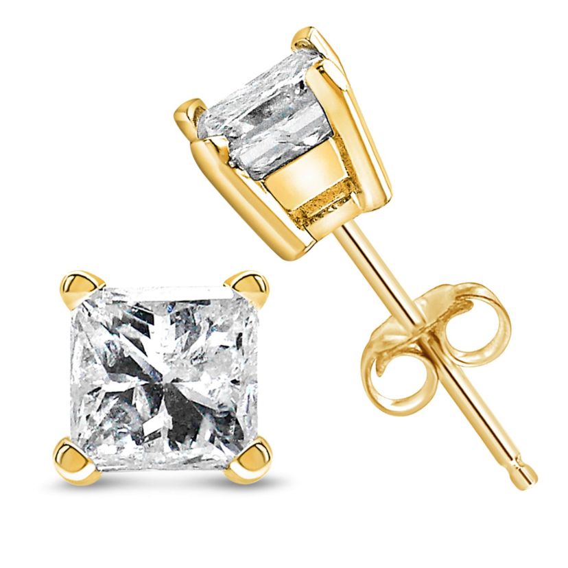 IGI Certified 14k Yellow Gold 1/3 Ct Princess Solitaire Diamond Stud Earrings