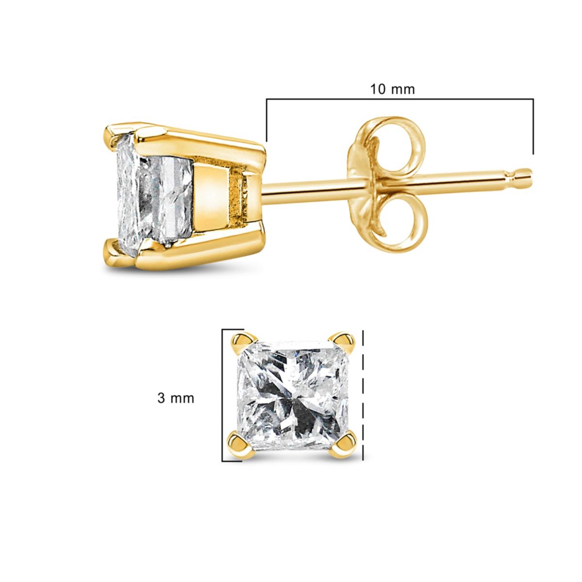 IGI Certified 14k Yellow Gold 1/3 Ct Princess Solitaire Diamond Stud Earrings