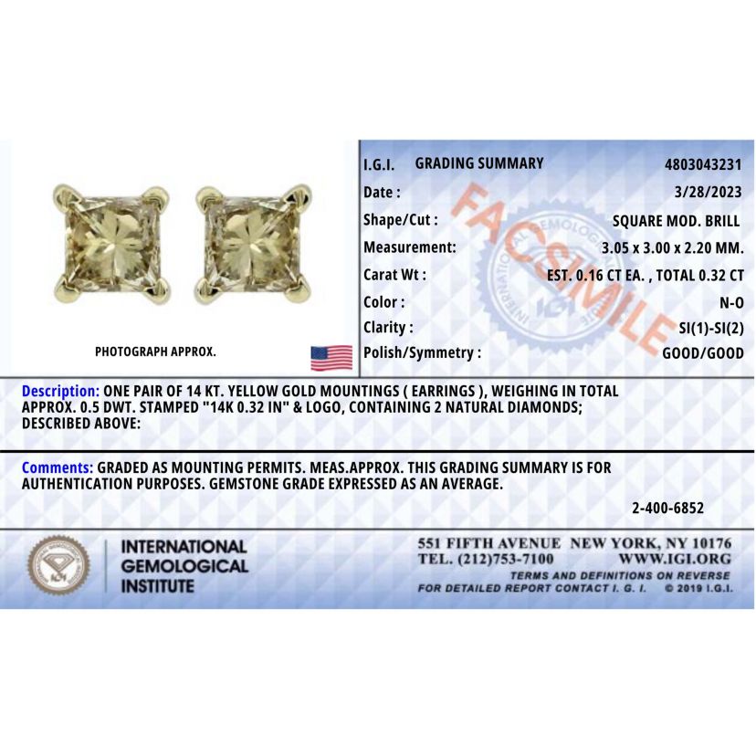 IGI Certified 14k Yellow Gold 1/3 Ct Princess Solitaire Diamond Stud Earrings