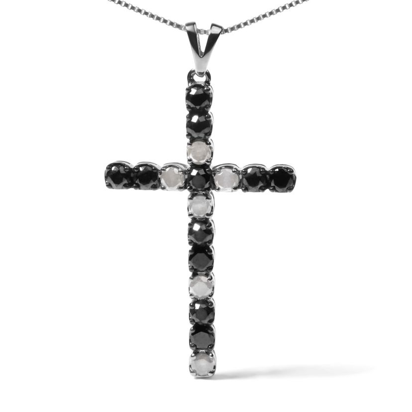 Silver 2.0 Cttw Round Natural Treated Black and White Diamond Cross Pendant Necklace