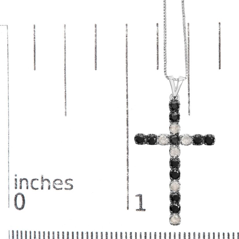 Silver 2.0 Cttw Round Natural Treated Black and White Diamond Cross Pendant Necklace