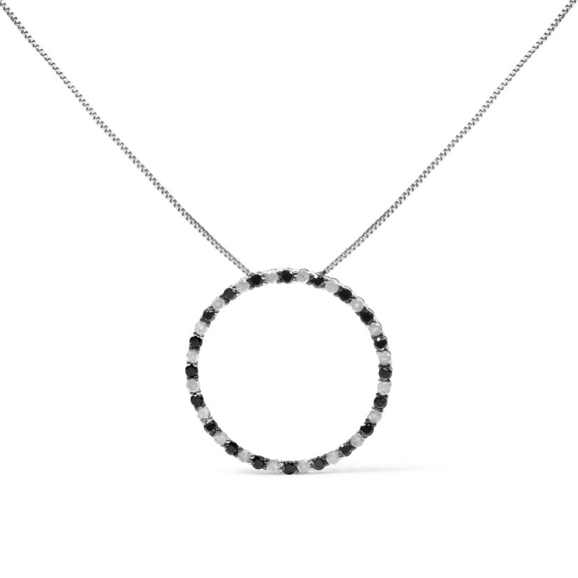 Silver 1.0 Cttw Alternating Black and White Diamond Hoop Circle Pendant Necklace