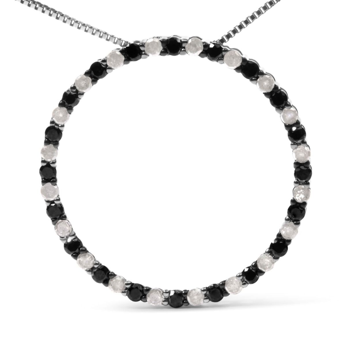Silver 1.0 Cttw Alternating Black and White Diamond Hoop Circle Pendant Necklace
