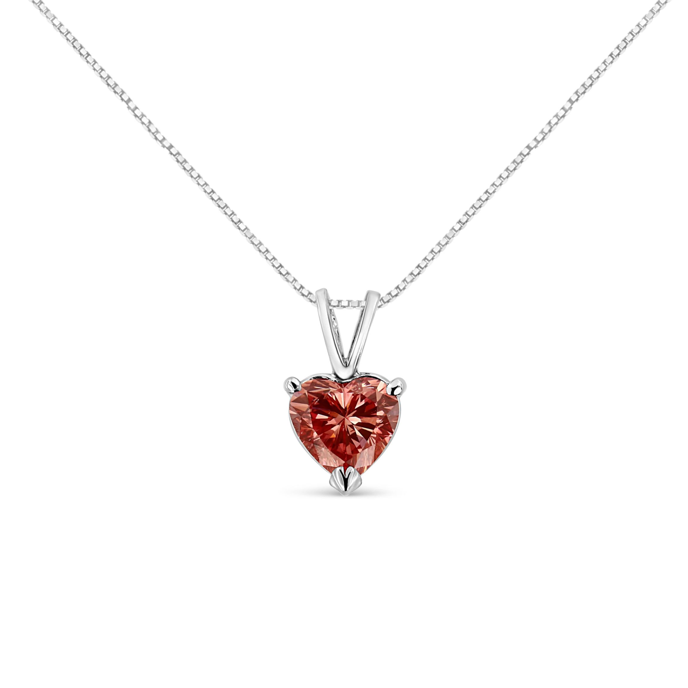 Lab Created 14K White Gold Martini 1.00 Ctw Lab Grown Pink Heart Diamond Solitaire Necklace