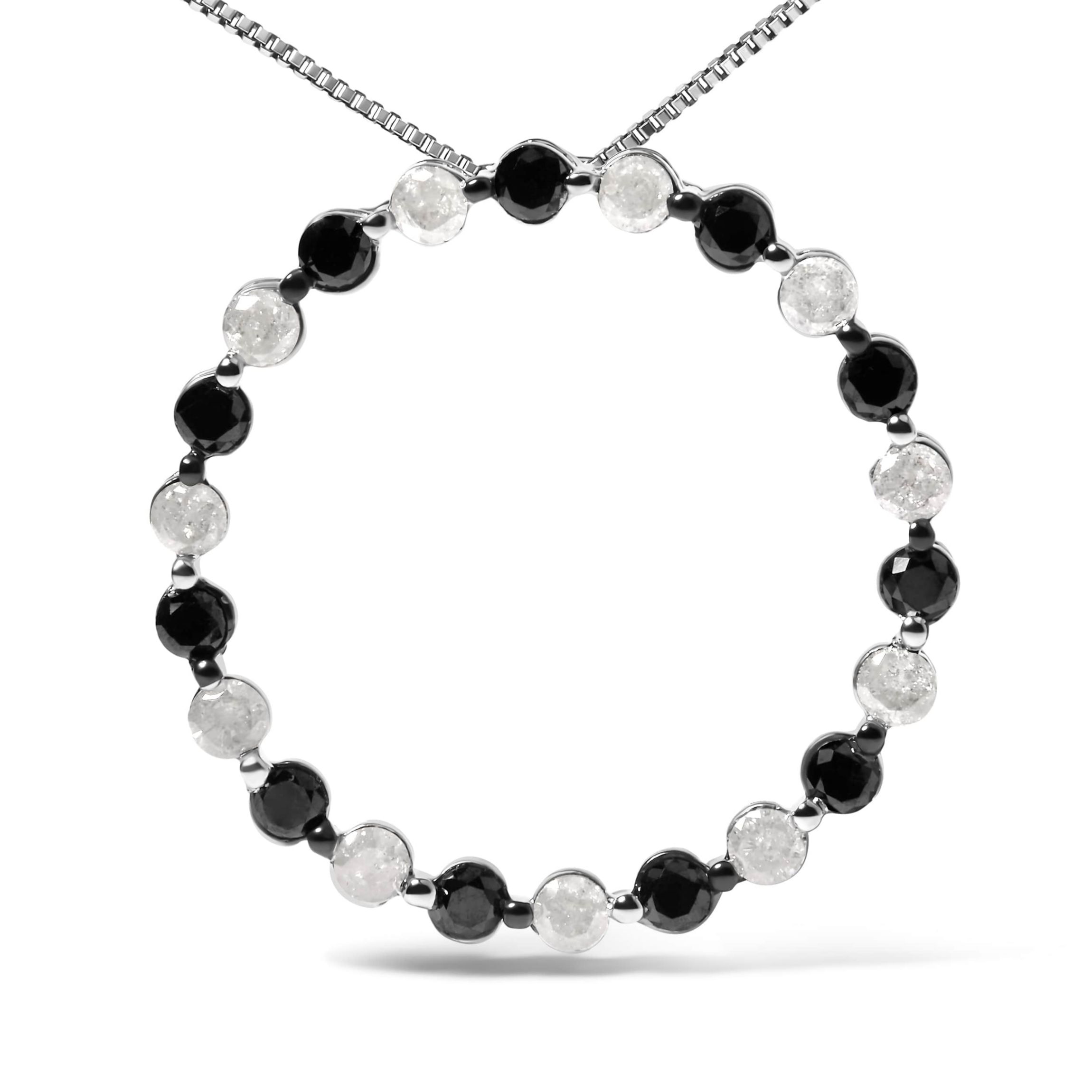 Silver 1 3/4 Cttw Black and White Diamond Open Circle Hoop Pendant Necklace