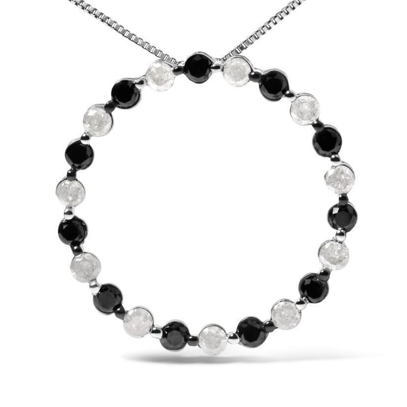 Silver 1 3/4 Cttw Black and White Diamond Open Circle Hoop Pendant Necklace