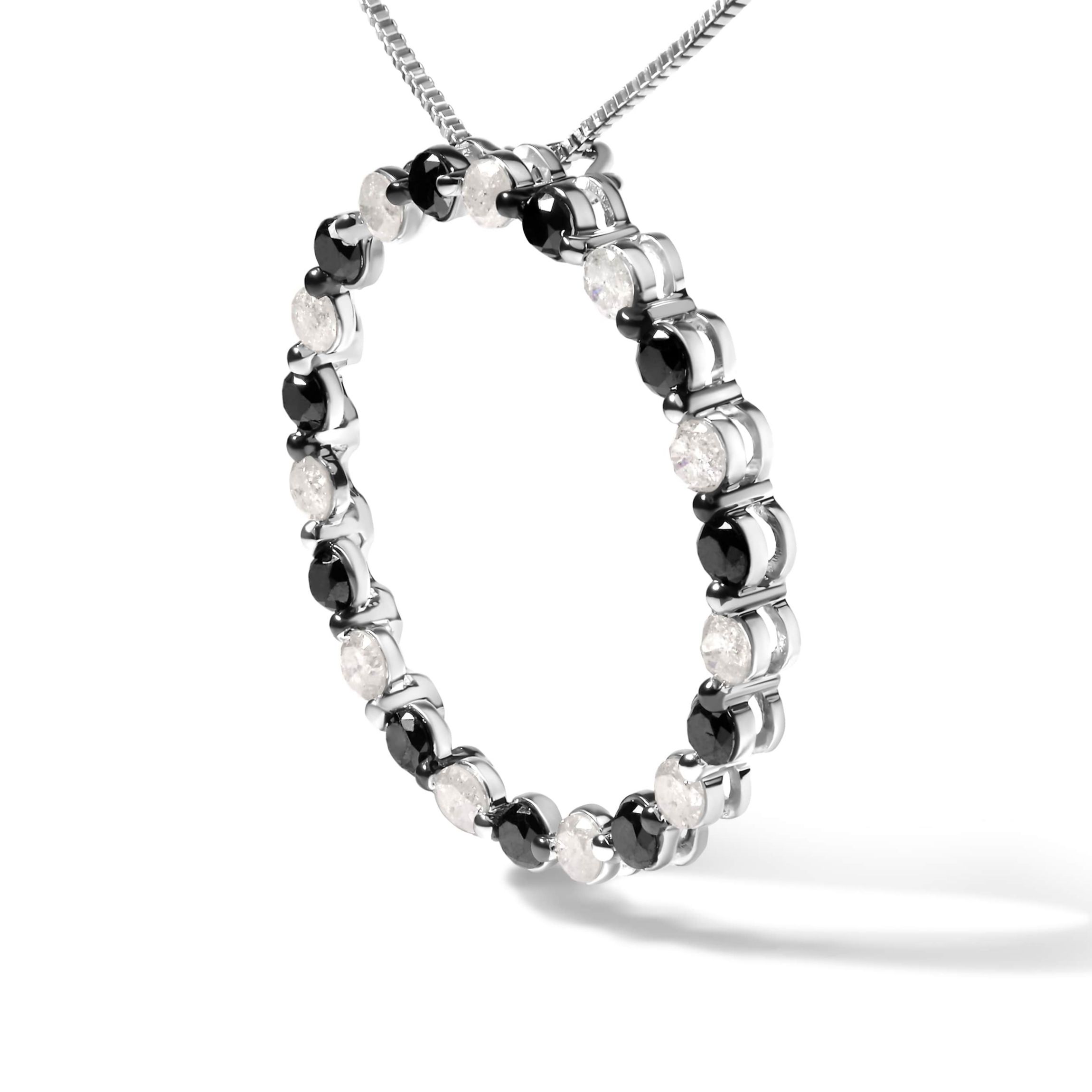 Silver 1 3/4 Cttw Black and White Diamond Open Circle Hoop Pendant Necklace