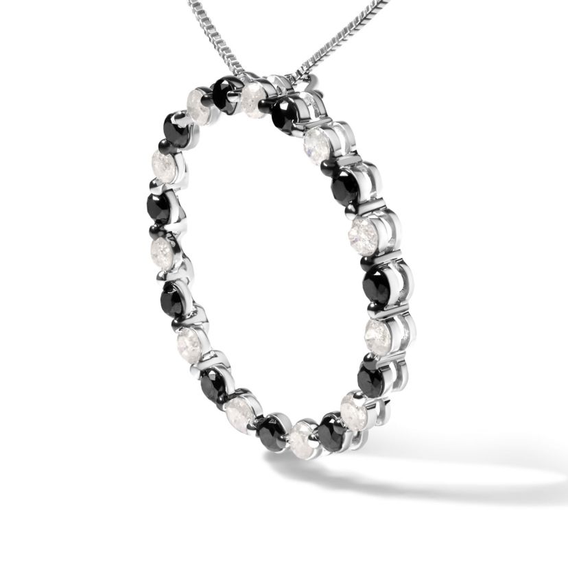 Silver 1 3/4 Cttw Black and White Diamond Open Circle Hoop Pendant Necklace