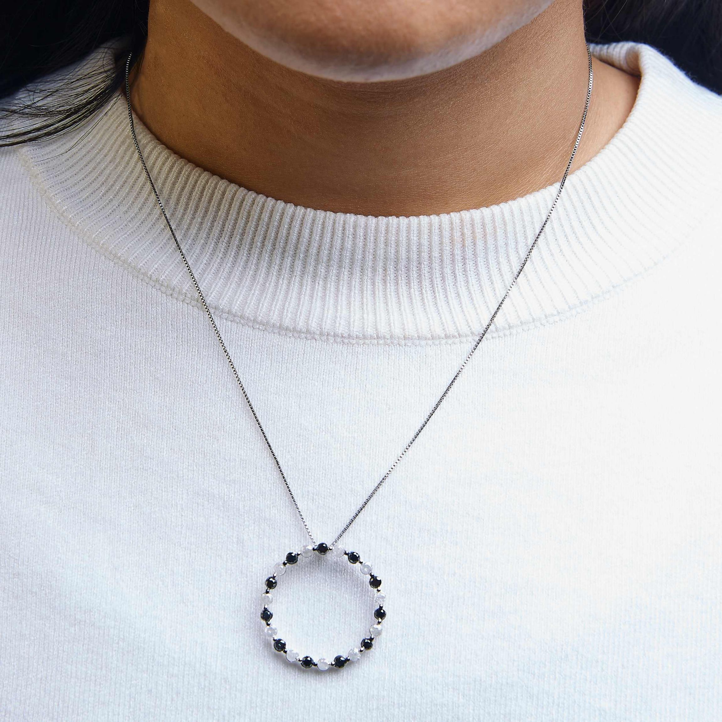 Silver 1 3/4 Cttw Black and White Diamond Open Circle Hoop Pendant Necklace