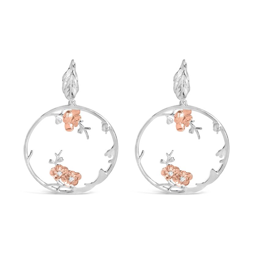 Rose Gold Plated Silver 1/10 Ct Diamond Floral Hoop Earrings
