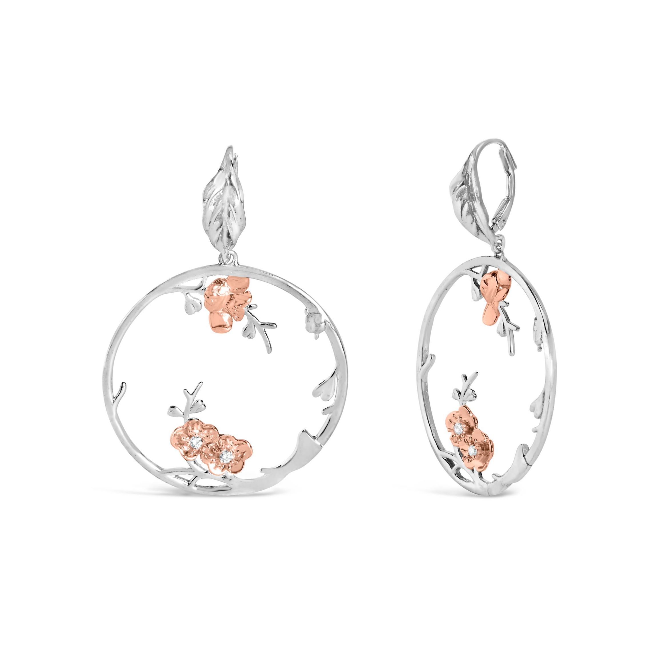Rose Gold Plated Silver 1/10 Ct Diamond Floral Hoop Earrings