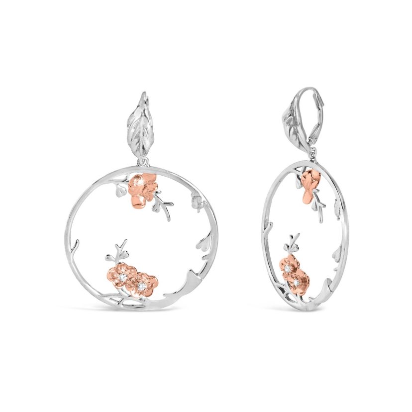 Rose Gold Plated Silver 1/10 Ct Diamond Floral Hoop Earrings