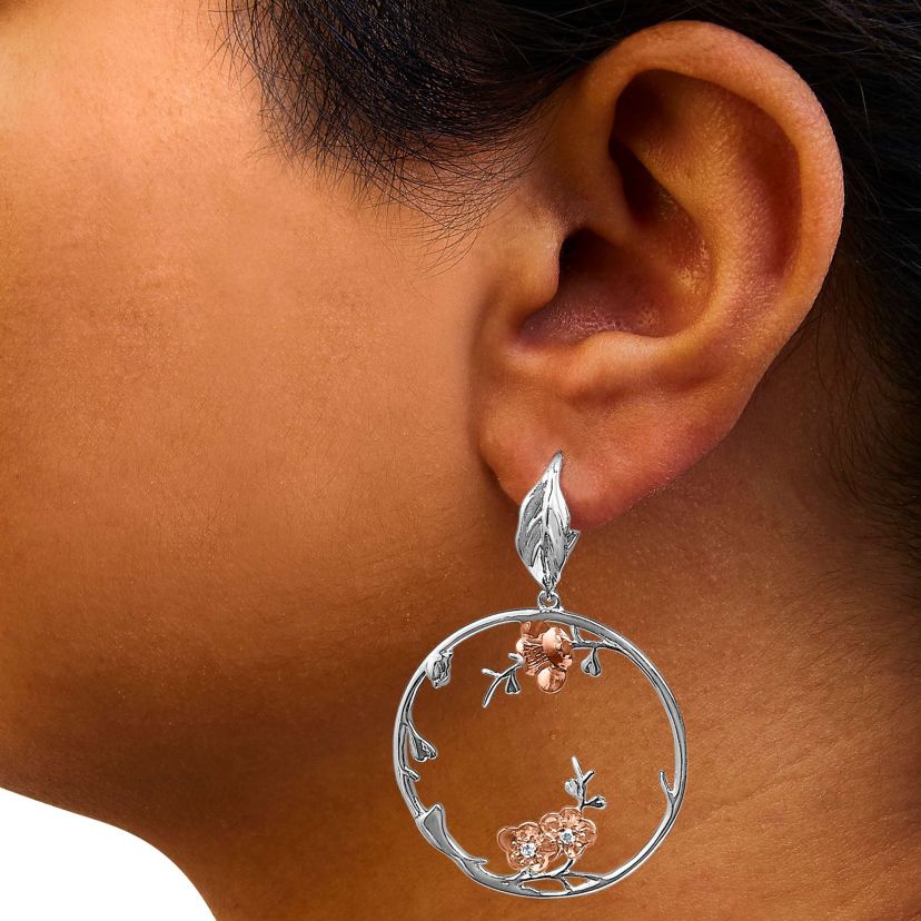 Rose Gold Plated Silver 1/10 Ct Diamond Floral Hoop Earrings